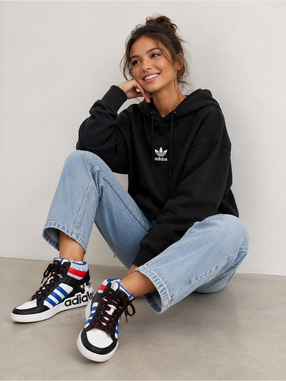 Adidas Originals High Top Sneakers Women US 5 Black White Blue FV5465 Casual